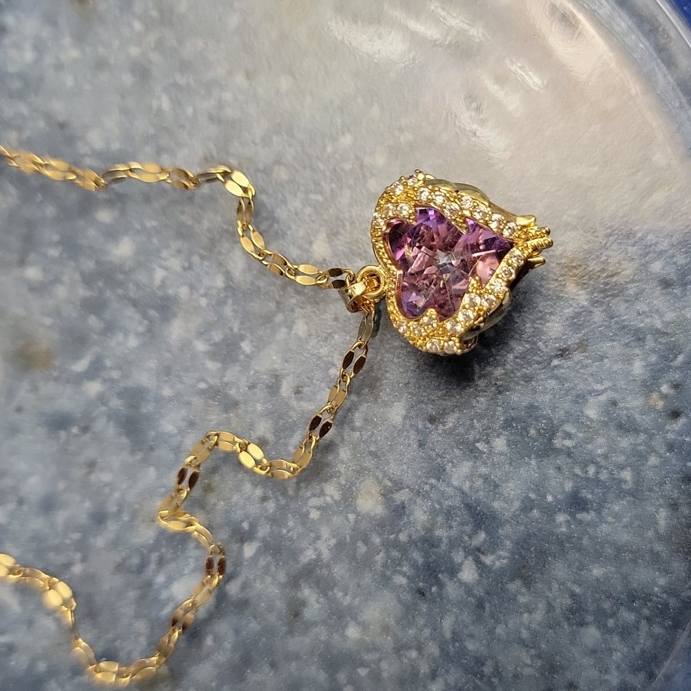 Heart Shape Pendant Necklace Simulated Amethyst & Crystals 15-17 Inches NEW - Picture 6 of 12